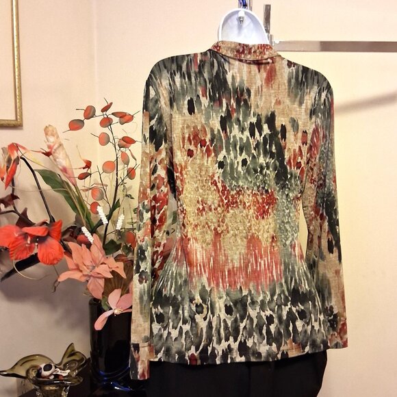 NWT Robert Kitchen Women's Burgundy Black Beige Printed Blouse Size 10 M - Picture 7 of 13